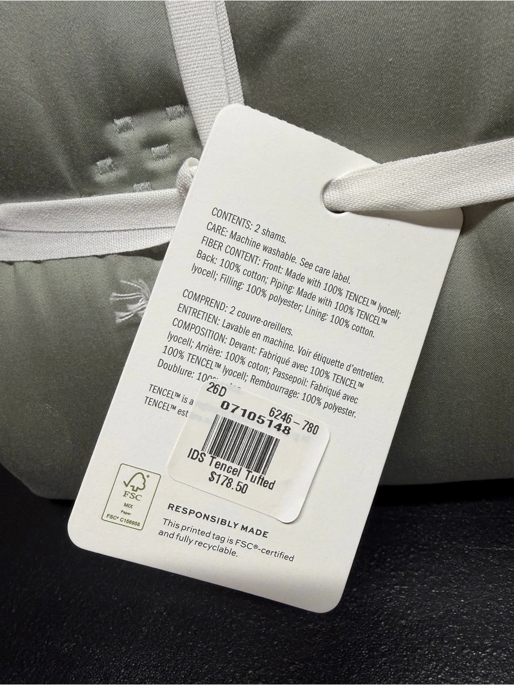 2 Pottery Barn Tencel Lyocell Tufted Comforter Pillow Sham Covers Eucalyptus NWT